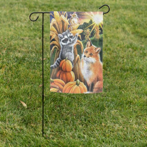 Autumn Harvest Corn Red Fox Raccoon Watercolor Art Garden Flag