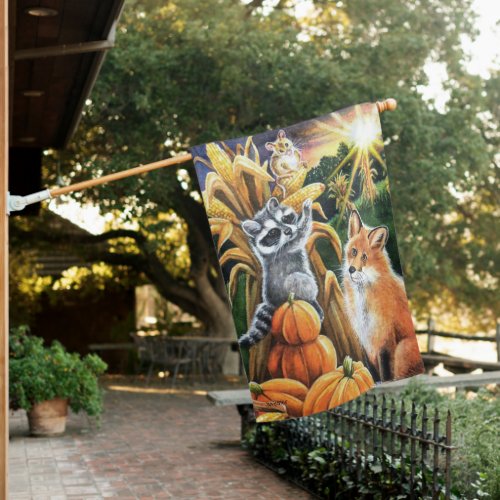 Autumn Harvest Corn Red Fox Raccoon Watercolor Art House Flag