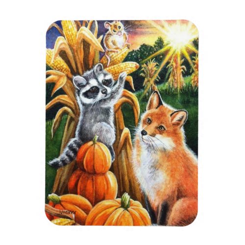 Autumn Harvest Corn Red Fox Raccoon Watercolor Art Magnet