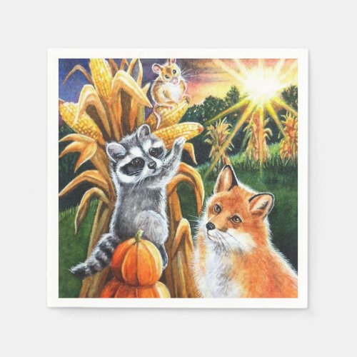 Autumn Harvest Corn Red Fox Raccoon Watercolor Art Napkins