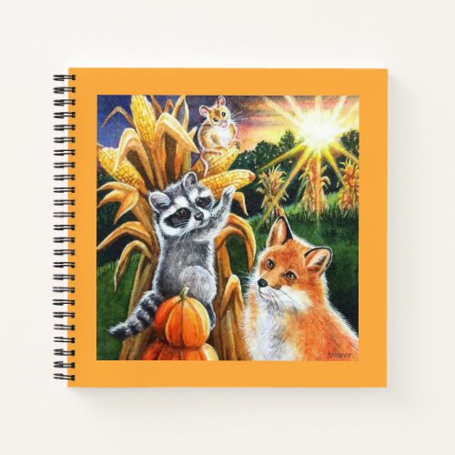 Autumn Harvest Corn Red Fox Raccoon Watercolor Art Notebook