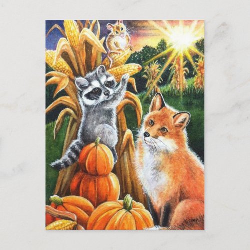 Autumn Harvest Corn Red Fox Raccoon Watercolor Art Postcard