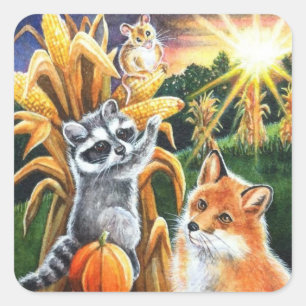 Autumn Harvest Corn Red Fox Raccoon Watercolor Art Square Sticker