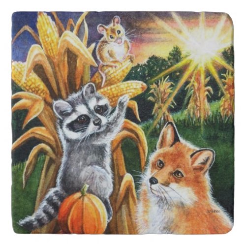 Autumn Harvest Corn Red Fox Raccoon Watercolor Art Trivet