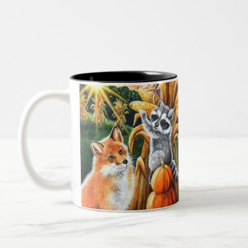 Autumn Harvest Corn Red Fox Raccoon Watercolor Art Two_Tone Coffee Mug