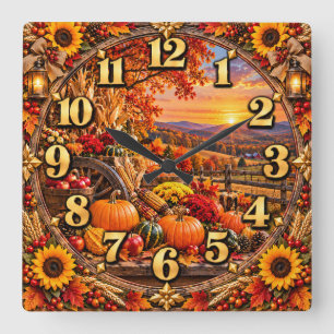 Autumn Harvest Countryside Sunset Square Wall Clock
