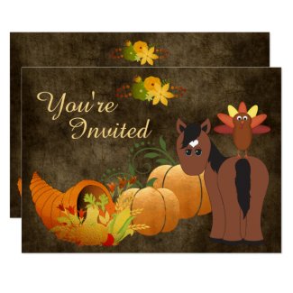 Autumn Harvest Cute Horse and Turkey Birthday Invitation