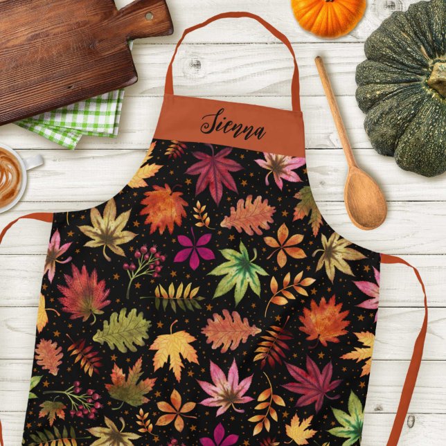 Autumn Harvest Fall Leaves and Foliage Black Name Apron (Autumn Harvest Fall Leaves and Foliage Black Name Apron)