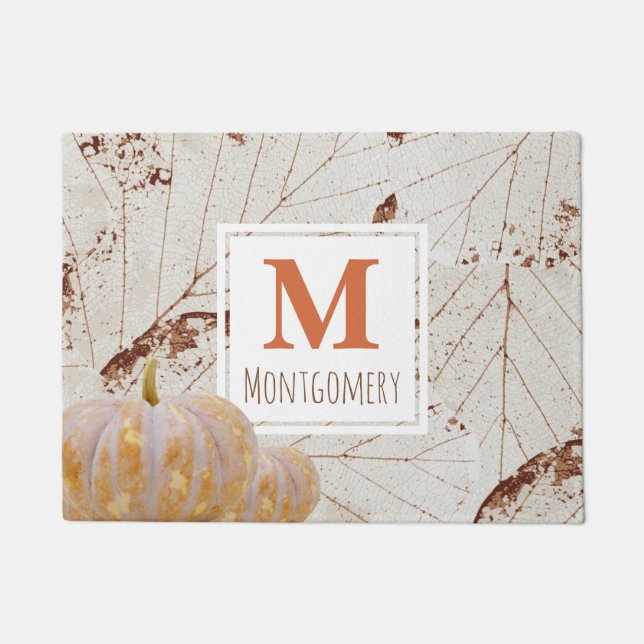 Autumn Harvest Fall Leaves & Pumpkins Family Name Doormat (Front)