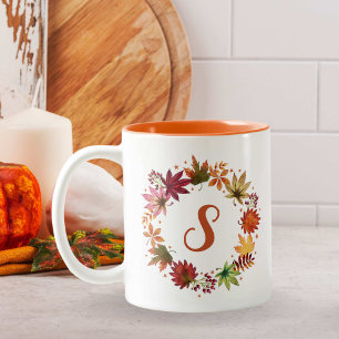 Autumn Harvest Falling Leaves Monogram Two-Tone Coffee Mug