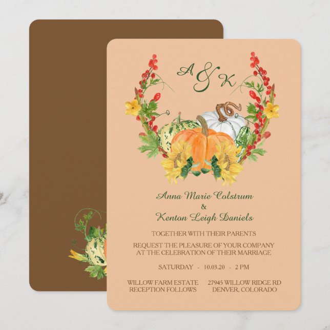 Autumn Harvest Floral Wreath Monogram Wedding Invitation (Front/Back)