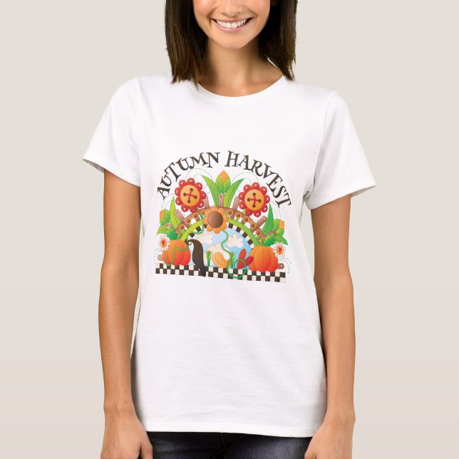 Autumn Harvest Folk Art Pumpkin and Sunflower Fall T-Shirt (Front)