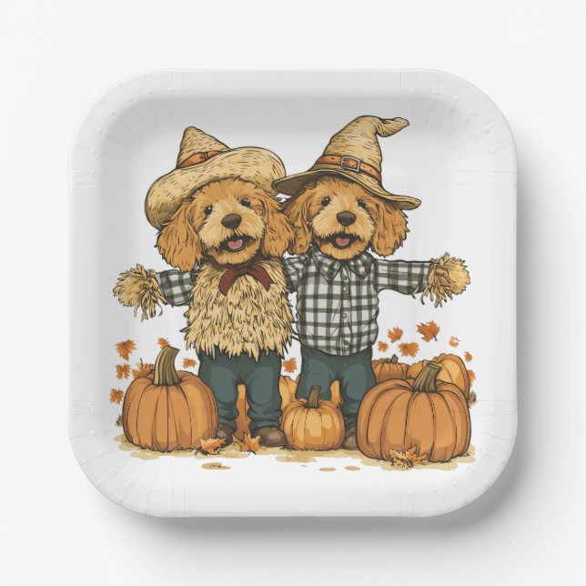 Autumn Harvest Goldendoodle Dogs Paper Plates (Front)