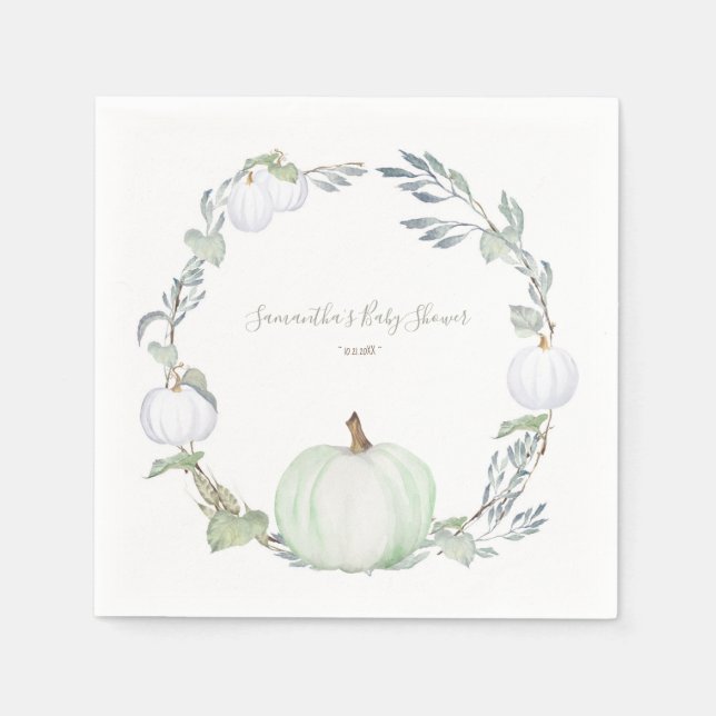 Autumn Harvest Green and White Pumpkin Napkins (Front)