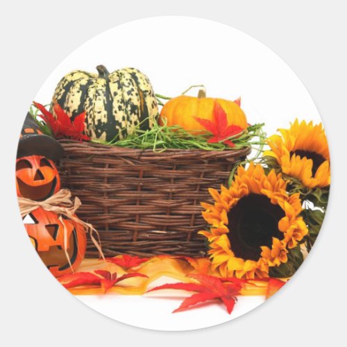 Autumn Harvest Halloween Pumpkins Fall Sunflowers Classic Round Sticker