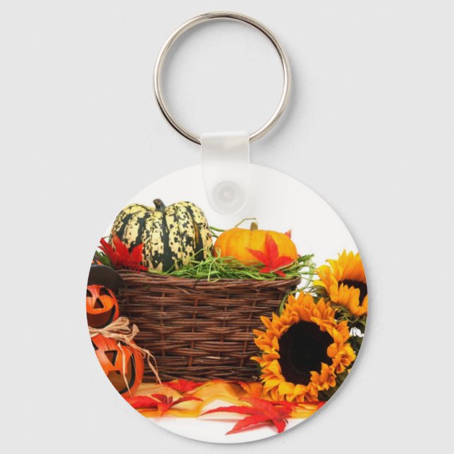 Autumn Harvest Halloween Pumpkins Fall Sunflowers Keychain (Front)
