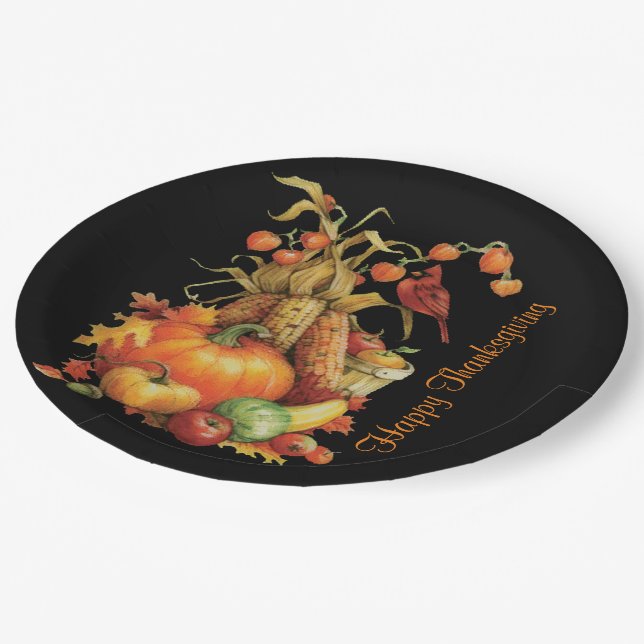 Autumn Harvest Happy Thanksgiving Black Plates (Angled)