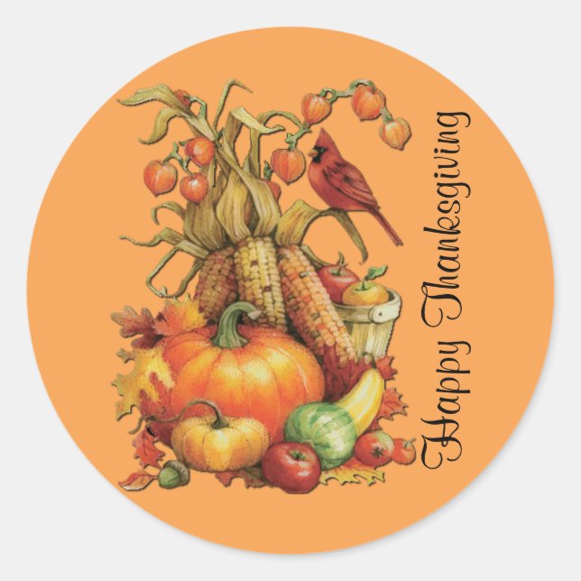 Autumn Harvest Happy Thanksgiving Orange Stickers (Front)