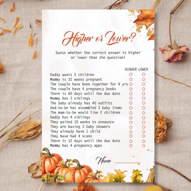 Autumn Harvest Higher or Lower Baby Shower Game (Creator Uploaded)