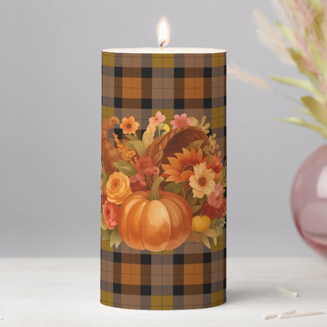 Autumn Harvest On Plaid Pillar Candle (In Situ)