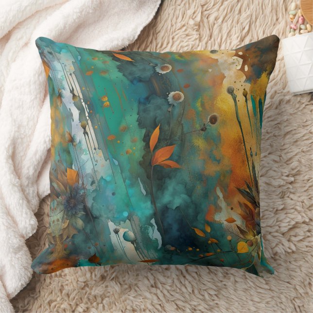 Autumn harvest paint Teal Rust Gold Abstract Throw Pillow (Blanket)
