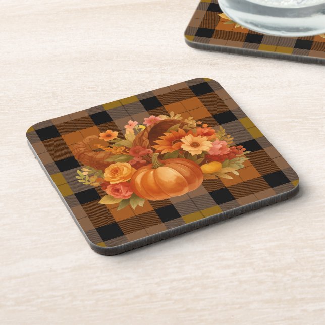 Autumn Harvest Plaid And Cornucopia  Beverage Coaster (Left Side)