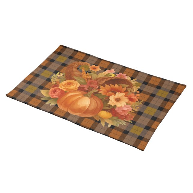 Autumn Harvest Plaid And Cornucopia  Cloth Placemat (On Table)