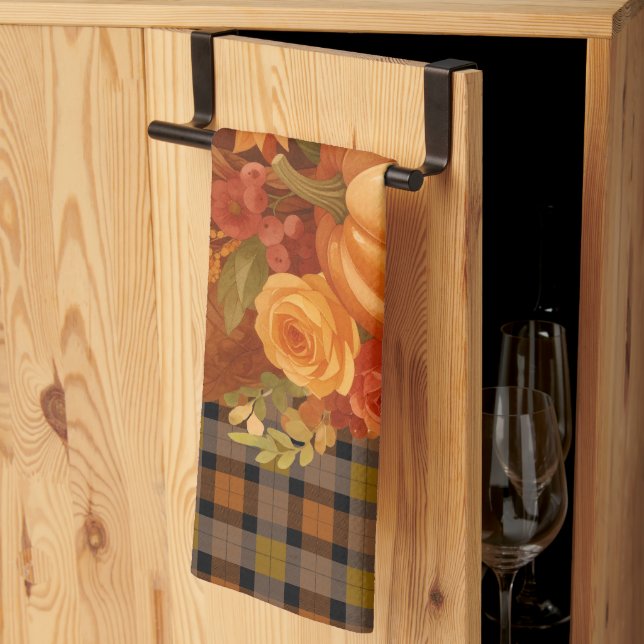 Autumn Harvest Plaid and Cornucopia  Kitchen Towel (Thirds Fold)