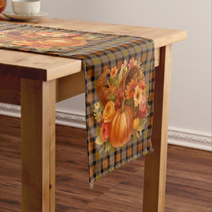 Autumn Harvest Plaid With Cornucopia Short Table Runner