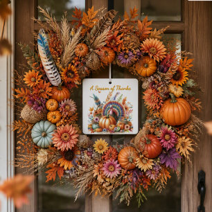 Autumn Harvest Pumpkin and Turkey Ceramic Ornament