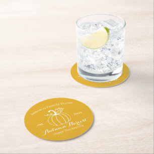 Autumn Harvest Pumpkin Family Thanksgiving Party Round Paper Coaster