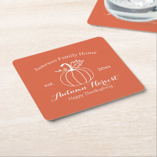 Autumn Harvest Pumpkin Family Thanksgiving Square Paper Coaster