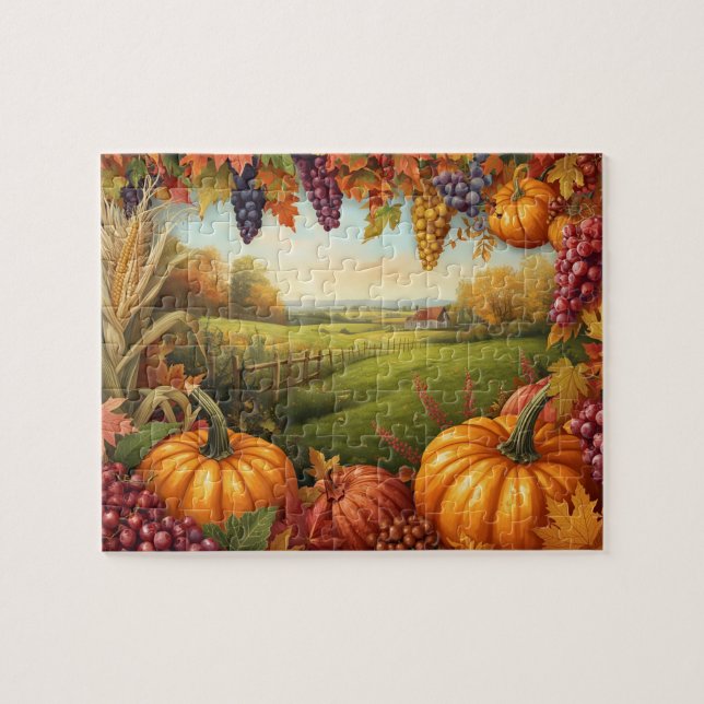 Autumn Harvest Pumpkin Grape Farm Landscape Jigsaw Puzzle (Horizontal)
