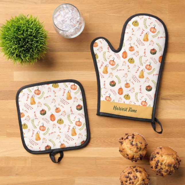 Autumn Harvest Pumpkin Oven Mitt & Pot Holder Set (Top Down)
