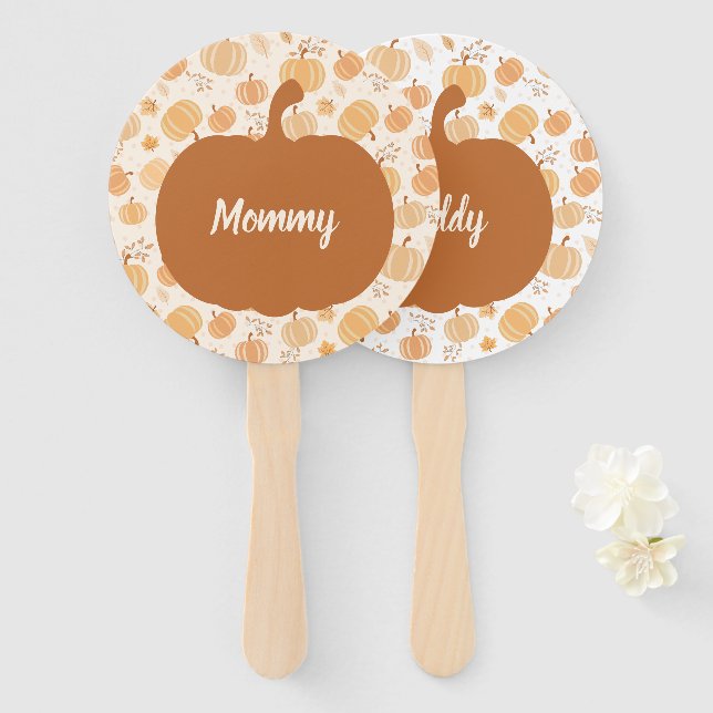 Autumn Harvest Pumpkin Pastel Baby Shower Game Hand Fan (Front and Back)