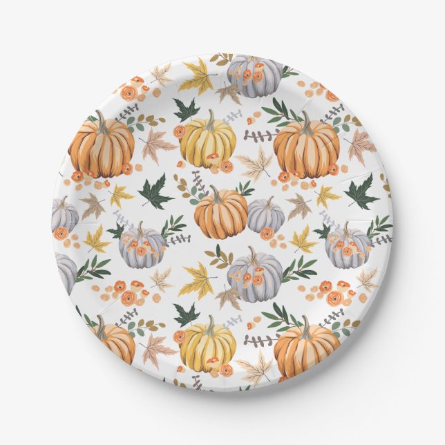 Autumn Harvest Pumpkin Thanksgiving Pattern  Paper Plates (Front)