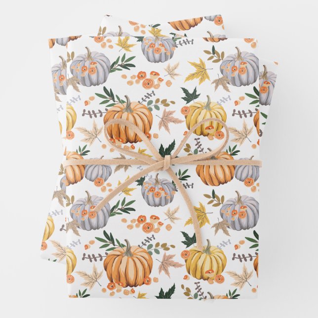 Autumn Harvest Pumpkin Thanksgiving Pattern Wrapping Paper Sheets (In situ)
