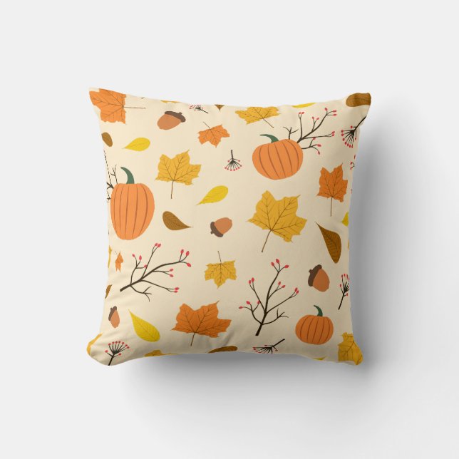 Autumn Harvest Pumpkin with Maple Leaf Pattern Throw Pillow (Front)