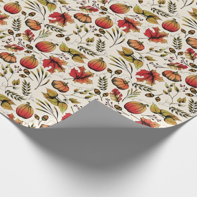 Autumn Harvest Pumpkins, Acorns & Fall Foliage Wrapping Paper (Corner)