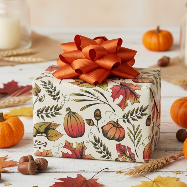 Autumn Harvest Pumpkins, Acorns & Fall Leaves Wrapping Paper (Rustic Fall Harvest Pumpkin, Autumn Leaves & Berries Gift Wrap. October Birthdays or Thanksgiving )