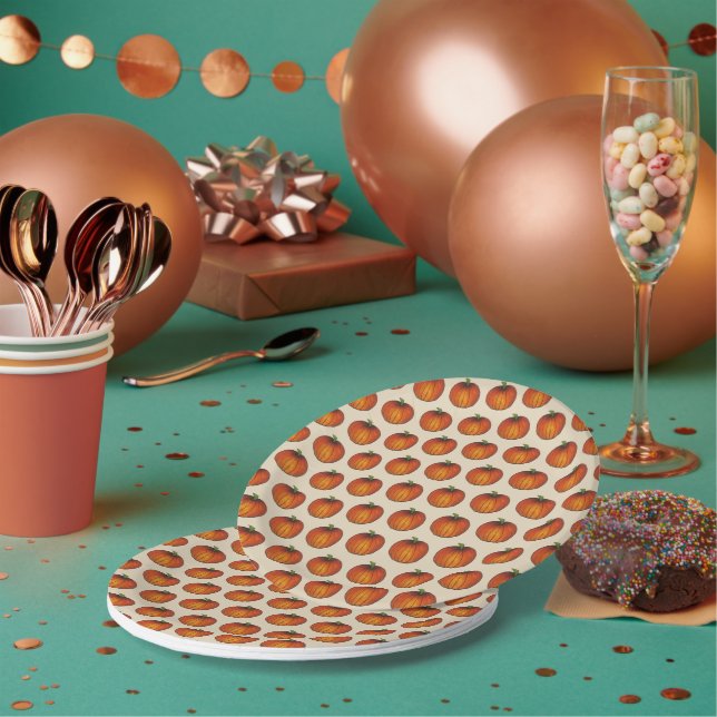 Autumn Harvest Pumpkins Fall Thanksgiving Orange Paper Plates (Multi)
