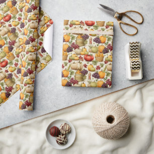 Autumn Harvest Pumpkins & Grapes Seamless Pattern Wrapping Paper