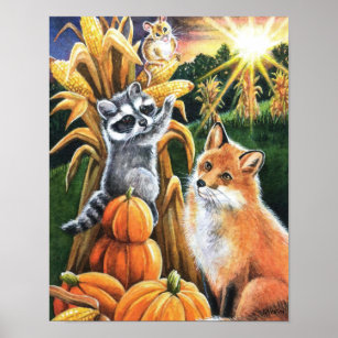 Autumn Harvest Red Fox Raccoon Watercolor 11x14 Poster