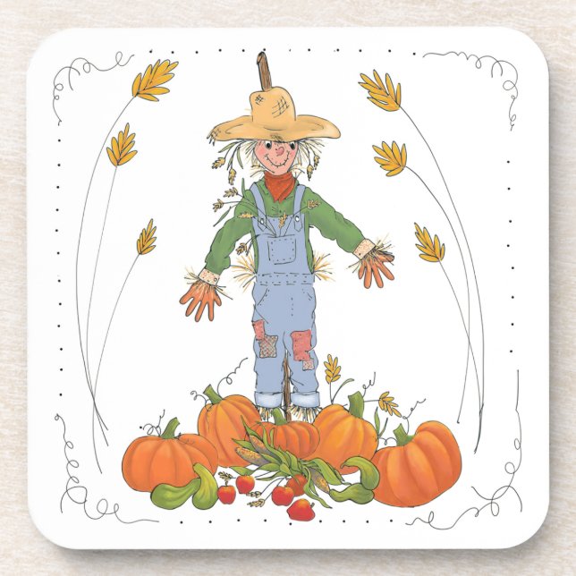 Autumn Harvest Scarecrow in Pumpkin Patch Beverage Coaster (Front)