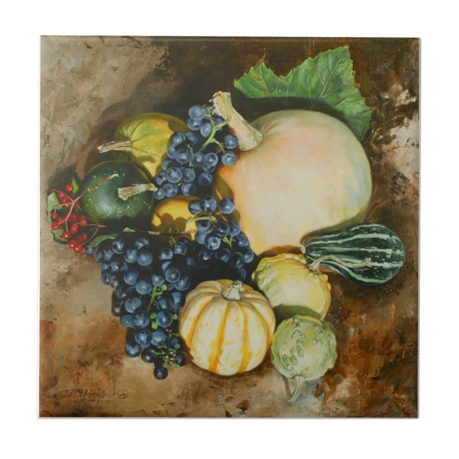 Autumn Harvest Still Life with Pumpkins, Gourds Ceramic Tile (Front)