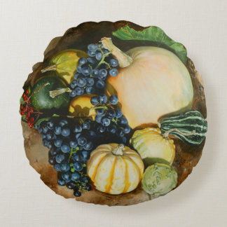 Autumn Harvest Still Life with Pumpkins, Gourds Round Pillow