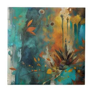 Autumn Harvest Teal Rust Gold Abstract Ceramic Tile