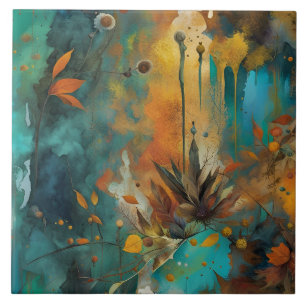 Autumn Harvest Teal Rust Gold Abstract Ceramic Tile