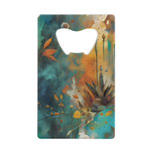 Autumn Harvest Teal Rust Gold Abstract Credit Card Bottle Opener