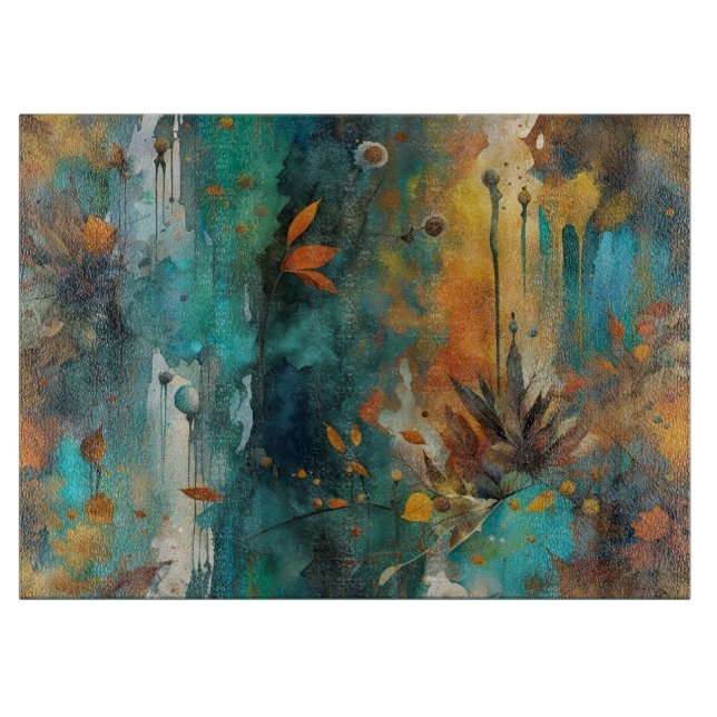 Autumn Harvest Teal Rust Gold Abstract Cutting Board (Front)